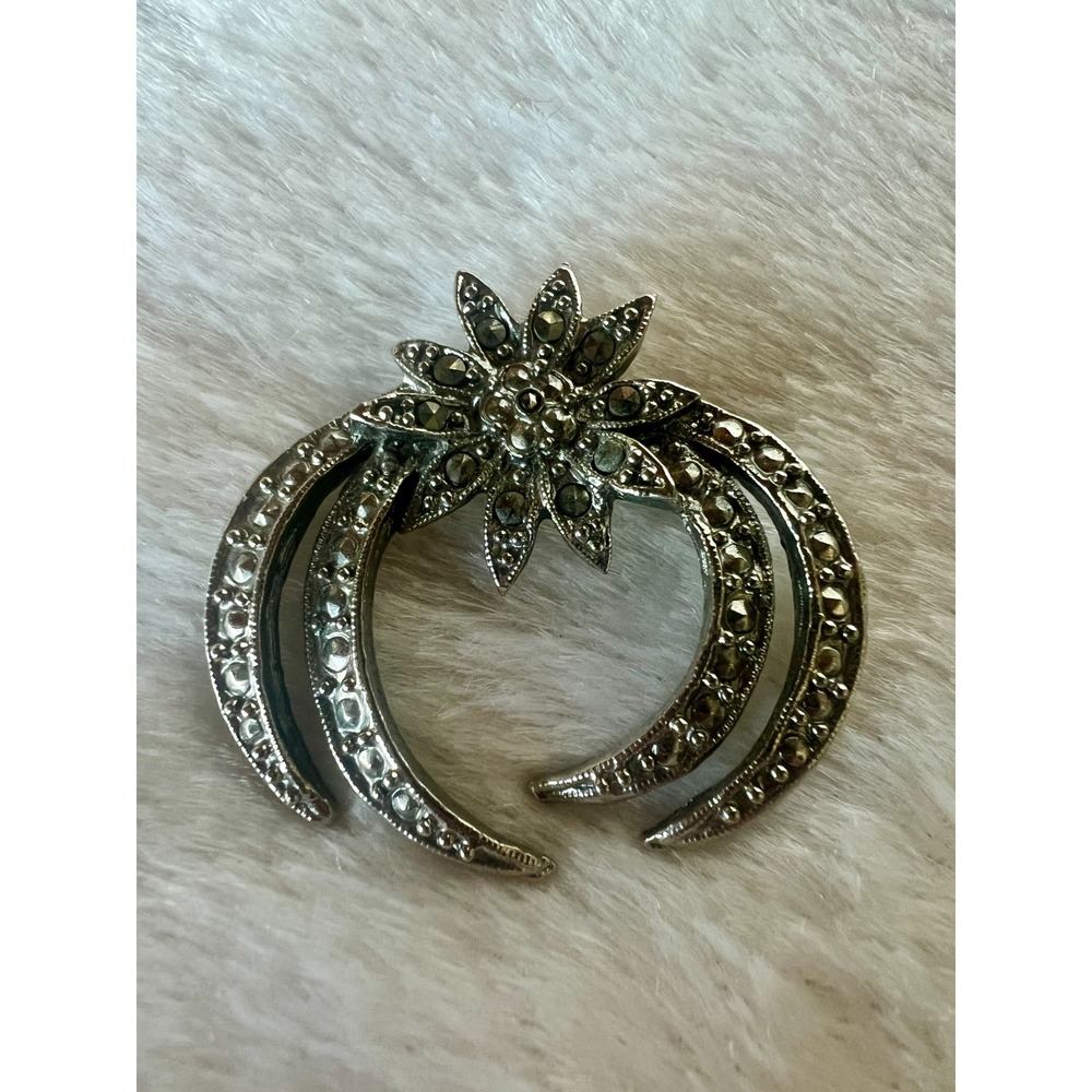 Vintage Art Deco Style Brooch Silver Tone Marcasite Look Crescent‎ Floral  1.75"